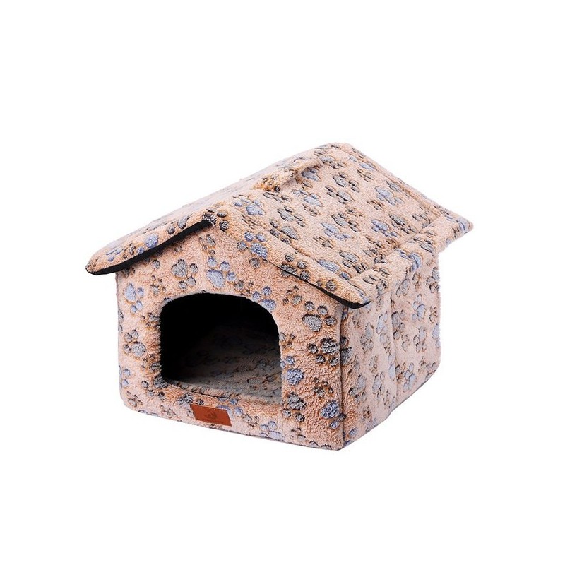 印花绒狗房子小号42x39x33cm浅棕脚印 casita para mascotas