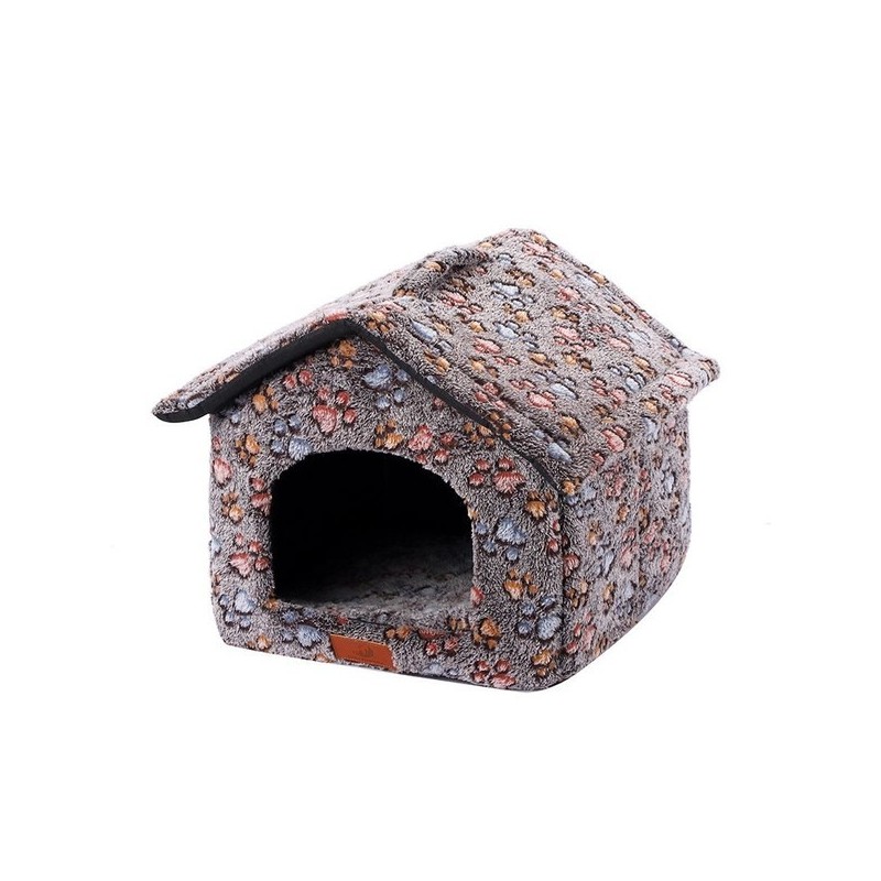 印花绒狗房子大号53x50x43cm深棕脚印 casita para mascotas