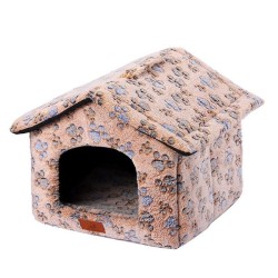 印花绒狗房子大号53x50x43cm浅棕脚印 casita para mascotas
